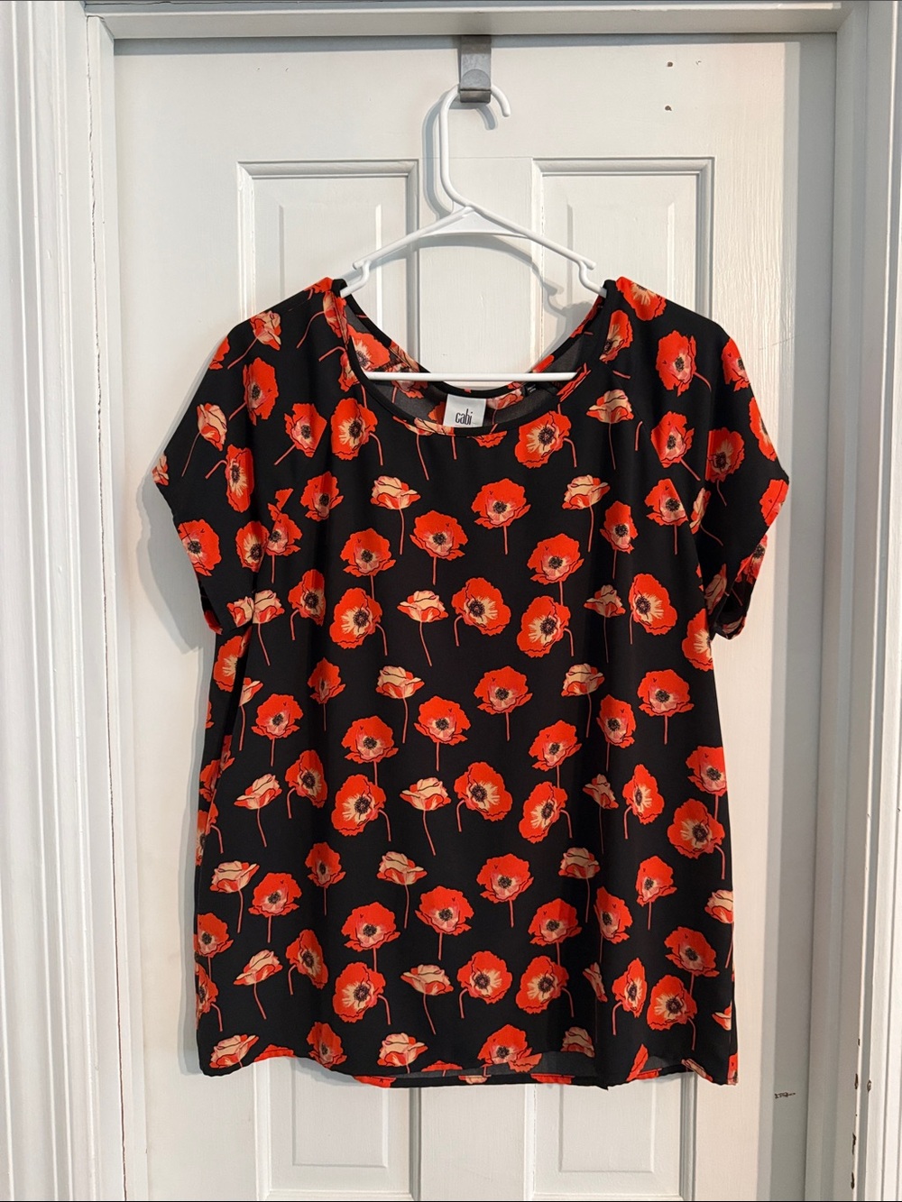 CAbi Black Top with Red Floral Print